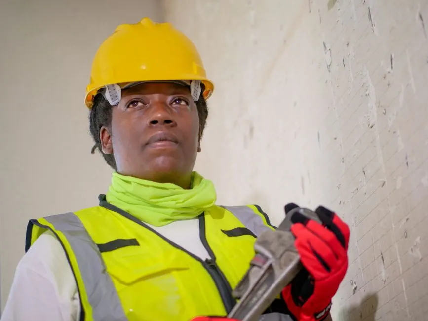 Plumber in a hard hat holding a pipe wrench