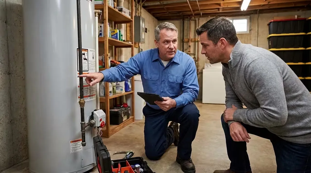 Boston plumber explaining a water heater repair to a homeowner