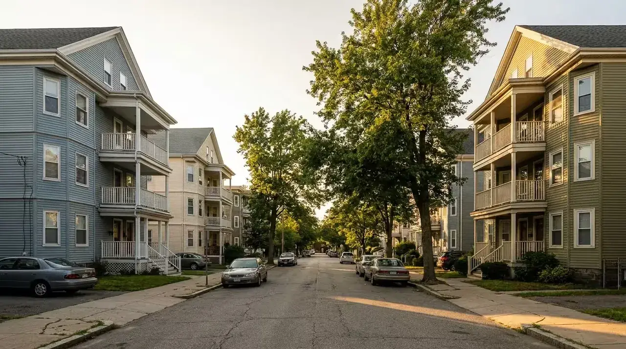 Triple-decker homes on a residential street in Boston