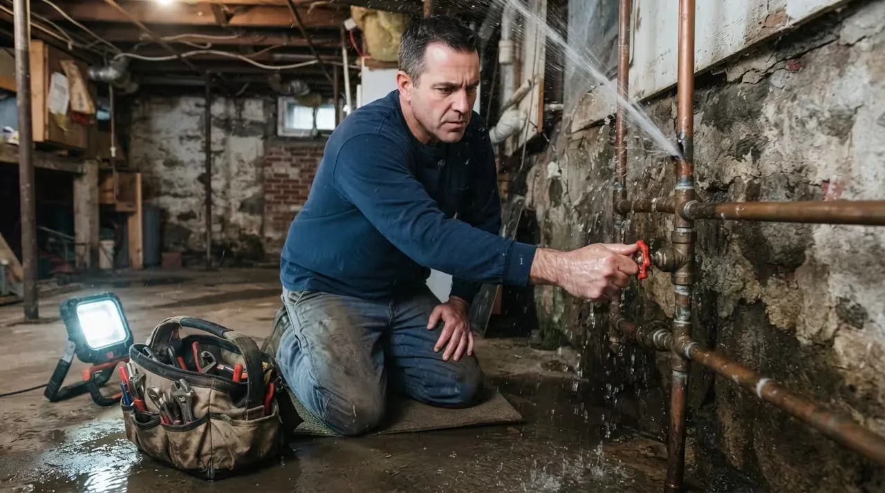 Plumber shutting off the main water valve during a burst pipe in a Boston basement
