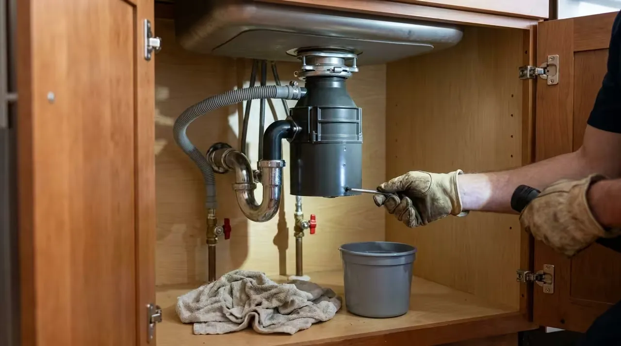Plumber repairing a garbage disposal under a kitchen sink