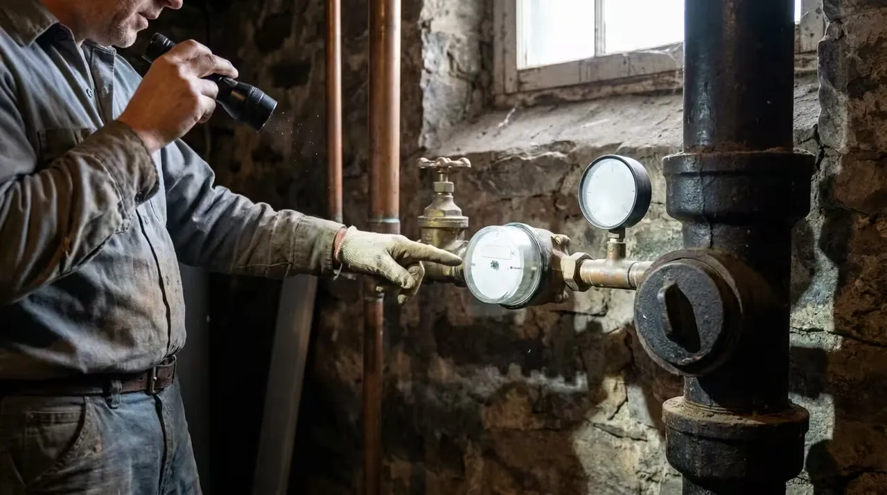 Plumber inspecting the main water line, meter and shut-off valve in a basement