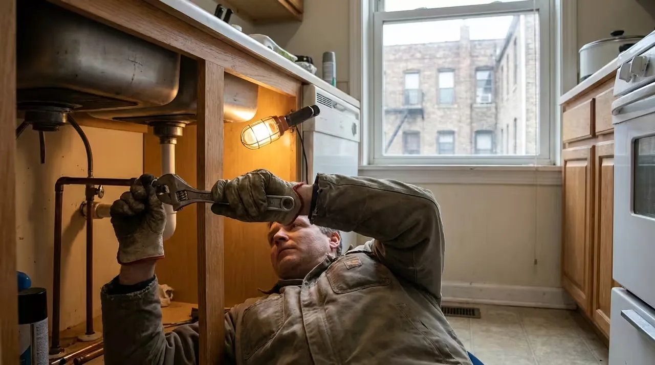 Plumber tightening a supply line under a kitchen sink in a Boston apartment