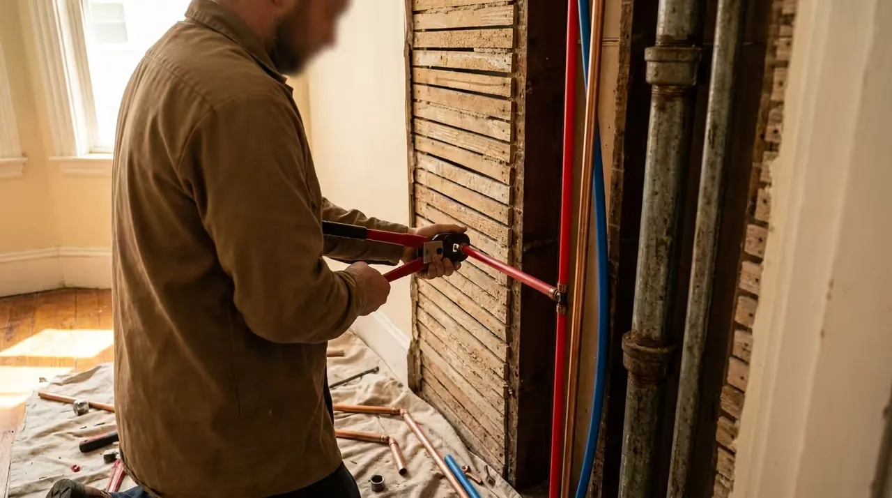 Plumber repiping an older Boston home with new PEX water lines