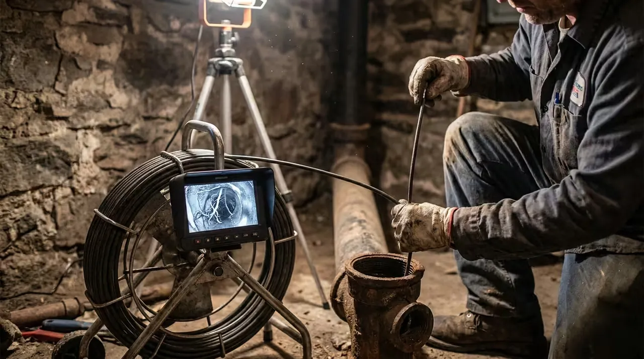 Plumber running a sewer camera inspection through a basement cleanout