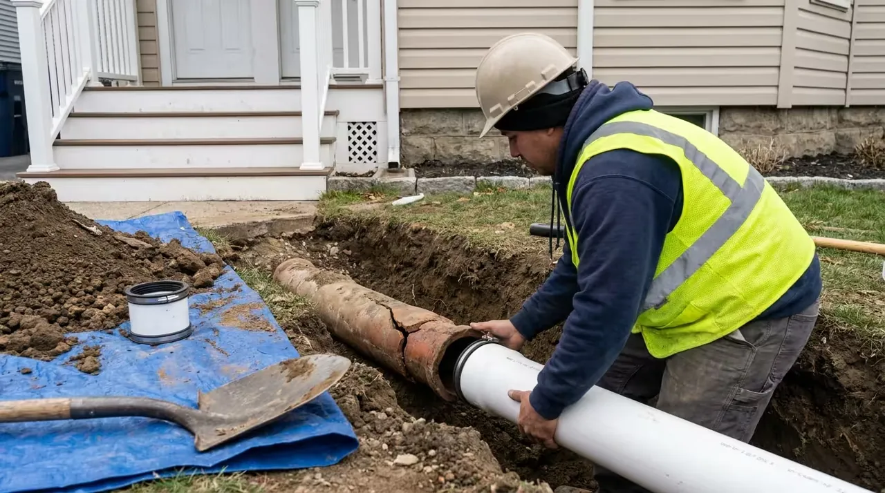 Plumber replacing a cracked clay sewer pipe with new PVC pipe in a Boston yard