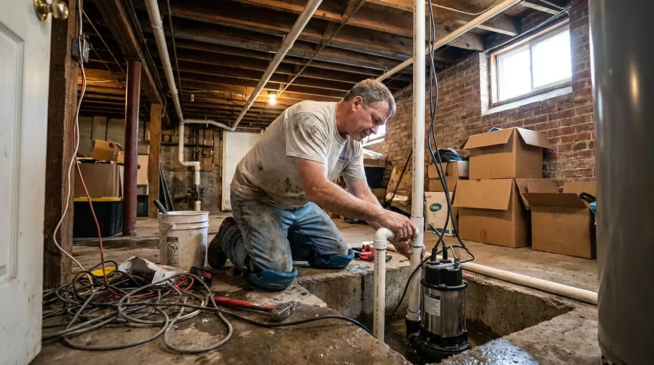 Plumber installing a sump pump in a basement sump pit