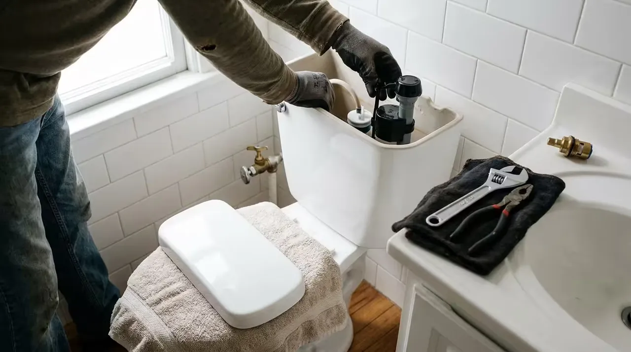 Plumber installing a new fill valve in a toilet tank