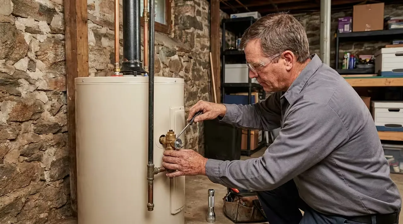 Plumber servicing a gas water heater in a Boston basement